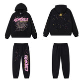 SP5DER Web Graphic Pullover Hoodie and Sweatpants Matching Set - Black / Pink