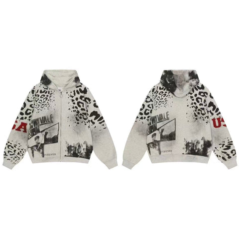 Vale Forever Vintage Leopard Print & "USA" Graphic Zip-Up Hoodie & Sweatpants Set - Grey