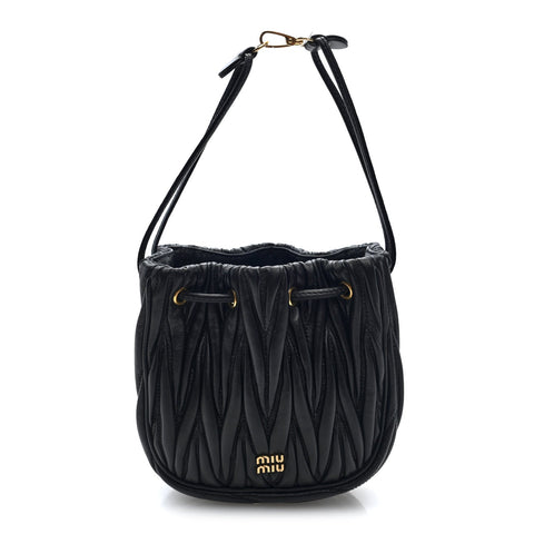 Nappa Matelasse Mini Drawstring Bucket Bag Black