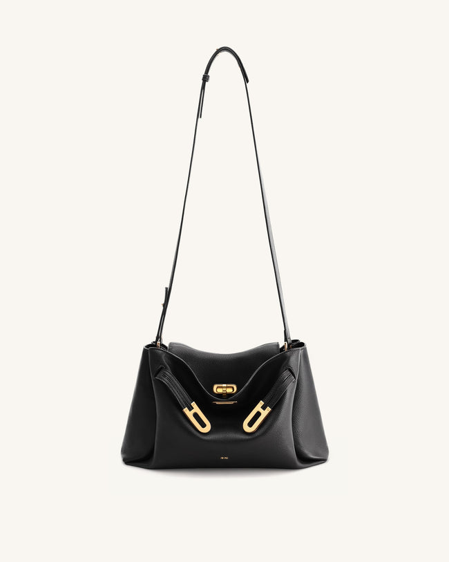 Rhea Pebbled Double Buckle Shoulder Bag - Black Main Image