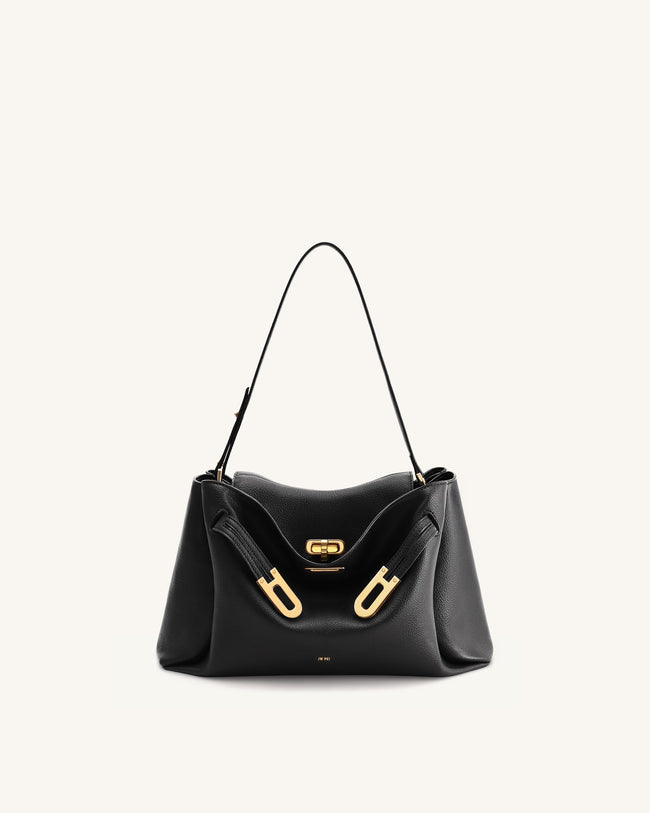 Rhea Pebbled Double Buckle Shoulder Bag - Black Hover Image