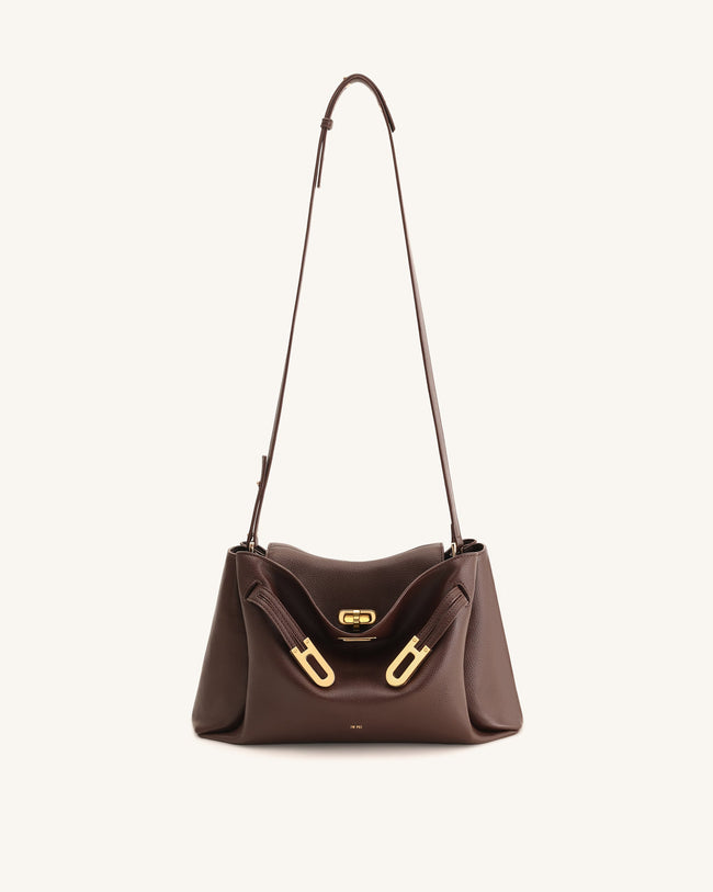 Rhea Pebbled Double Buckle Shoulder Bag - Dark Brown Main Image