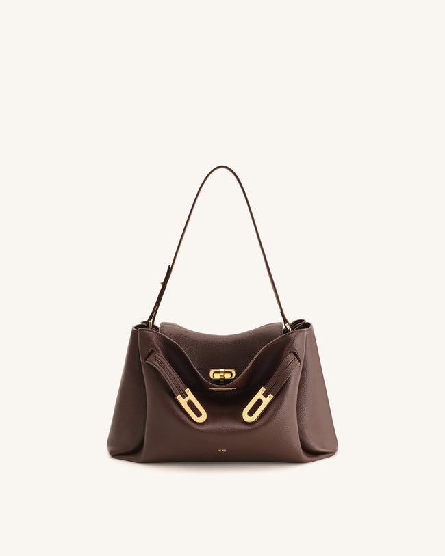 Rhea Pebbled Double Buckle Shoulder Bag - Dark Brown Hover Image