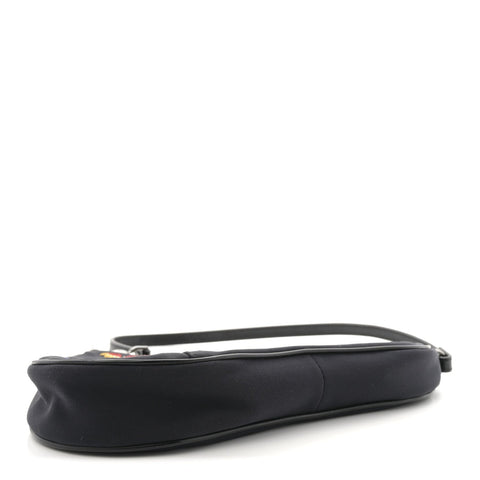 Satin Embroidered Floral Mini Saddle Pochette Bag Black