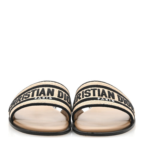 Straw Embroidered Dway Flat Slide Sandals 41 Natural Black