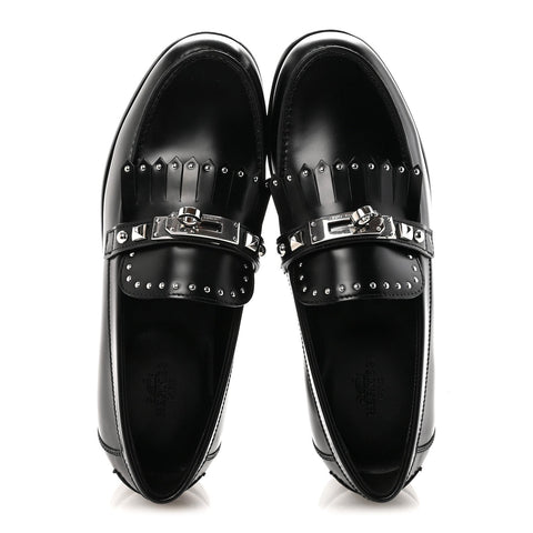 Glazed Calfskin Medor Studded Fringe Womens Destin Loafer 35 Black