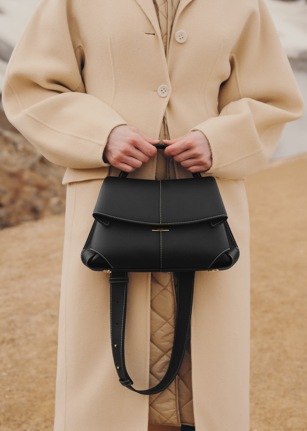 Mokki - Textured Black with Ecru Stitching