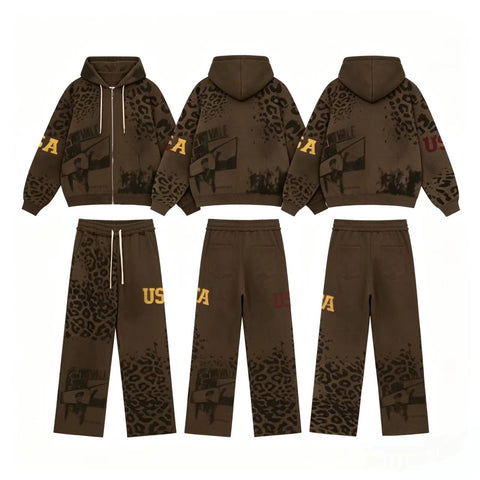 Vale Forever Vintage Leopard Print & "USA" Graphic Zip-Up Hoodie & Sweatpants Set - Brown