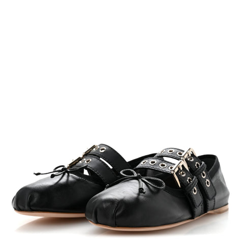 Nappa Vitello Nevada Double Buckle Ballerina Flats 36 Black