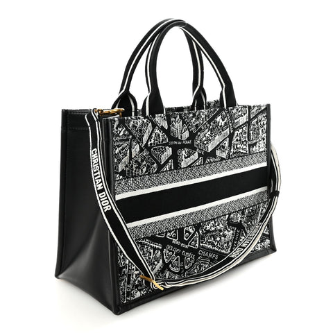 Calfskin Canvas Medium Plan De Paris Book Tote With Strap Black White