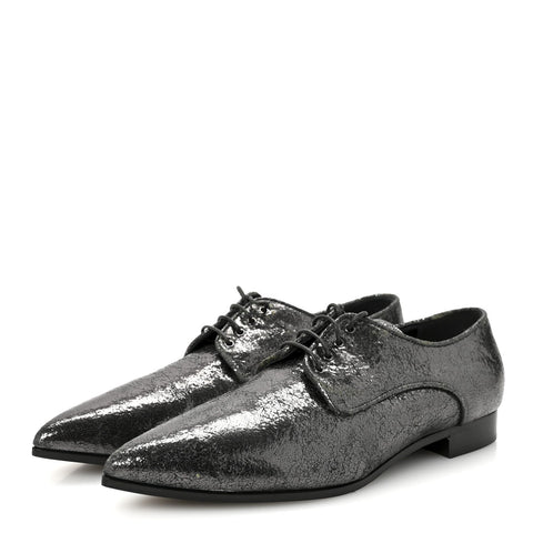 Metallic Crinkled Patent Lace Up Oxford Flats 37.5 Dark Silver