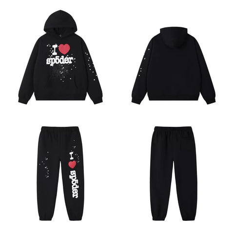 SP5DER Heart Web Graphic Pullover Hoodie and Sweatpants Matching Set - Black / Red