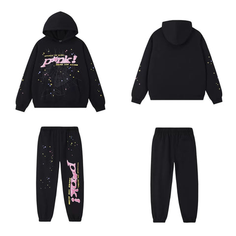 SP5DER Punk Web Graphic Pullover Hoodie and Sweatpants Matching Set - Black / Pink
