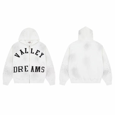 Vale Forever Valley Dreams Rhinestone & Applique Vintage Wash Full-Zip Hoodie white