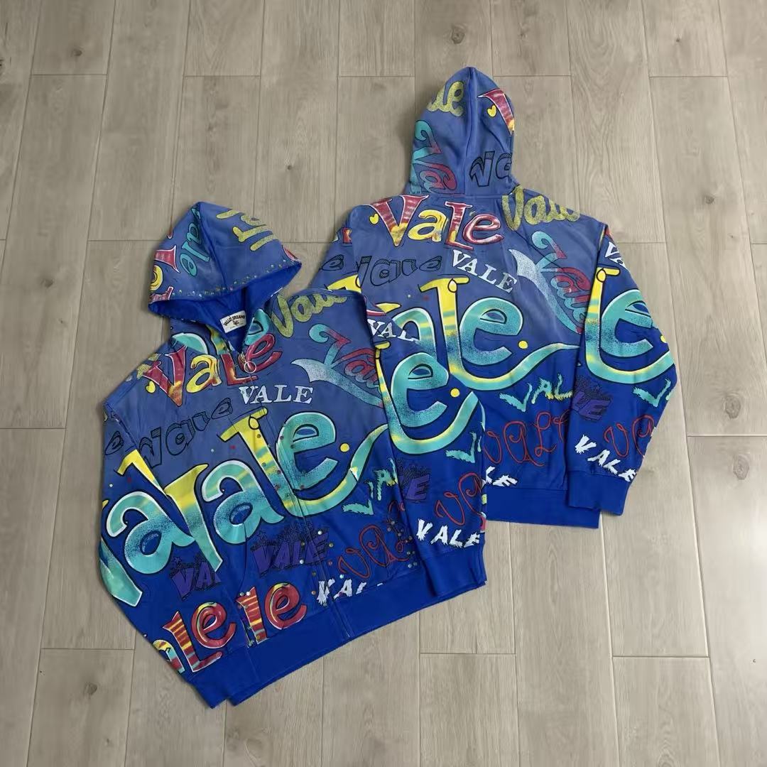 Vale Forever All-Over Vale Graffiti Print Vintage Wash Full-Zip Hoodie blue