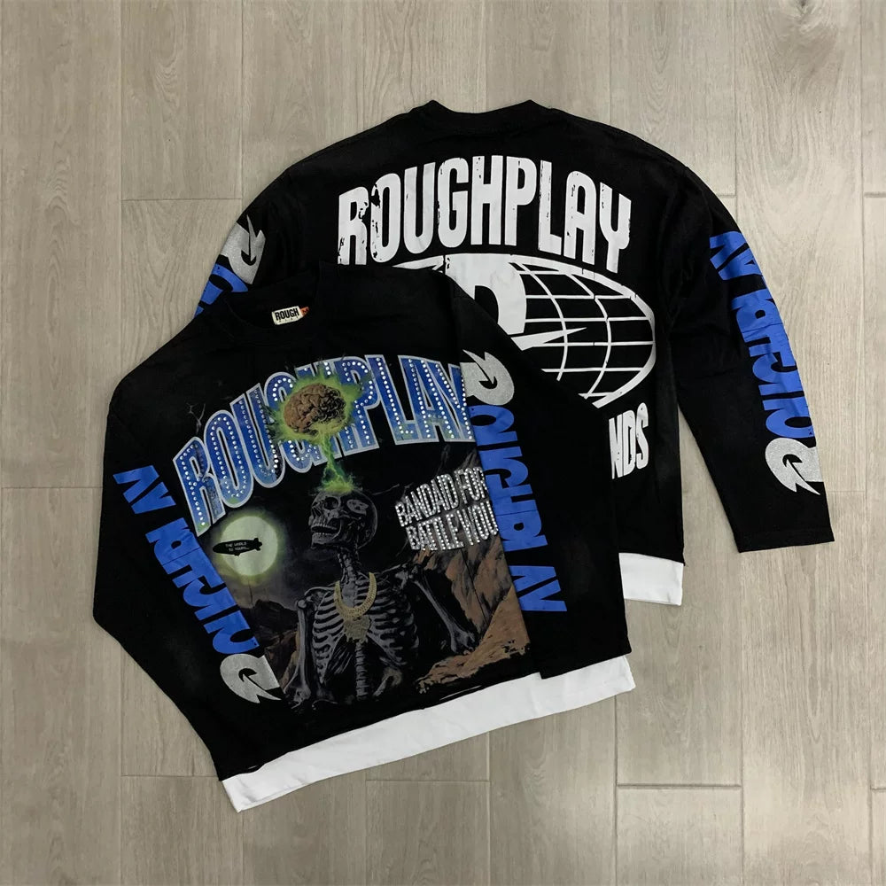 Roughplay Skull Graphic Heavyweight Long-Sleeve Tee - Black/Blue