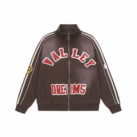 Vale Forever Valley Dreams Chenille Patch Lettering Vintage Wash Track Jacket brown