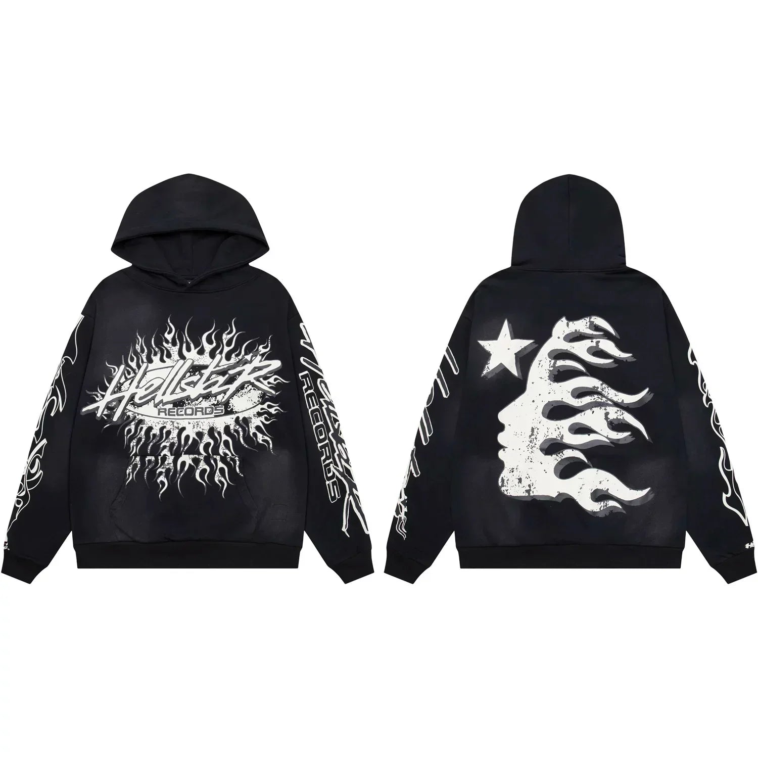 Hellstar Records Flaming Burst & Face Graphic Hoodie black
