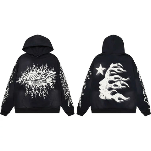 Hellstar Records Flaming Burst & Face Graphic Hoodie black