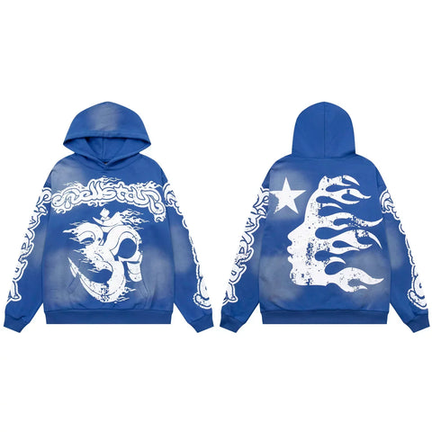 Hellstar Gothic Flame & Skull Graphic Hoodie blue