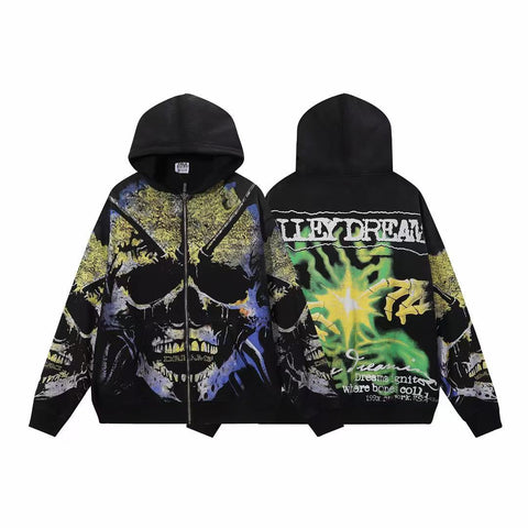 Vale Forever Valley Dreams Skull & Glowing Hands Graphic Vintage Wash Full-Zip Hoodie