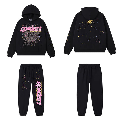 SP5DER Web Graphic Pullover Hoodie and Sweatpants Matching Set - Black / Pink