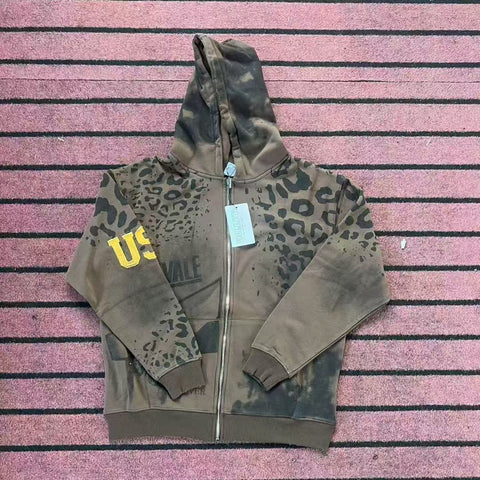 Vale Forever Leopard & Vintage Wash Full-Zip Hoodie khaki