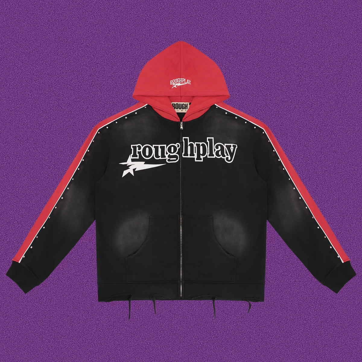 Roughplay Straight Logo Track Zip-Up Hoodie - Black/Red