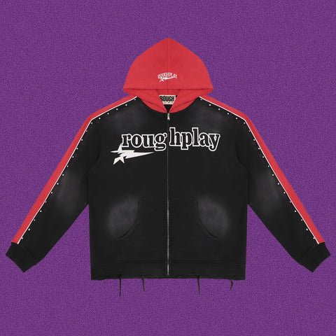 Roughplay Straight Logo Track Zip-Up Hoodie - Black/Red
