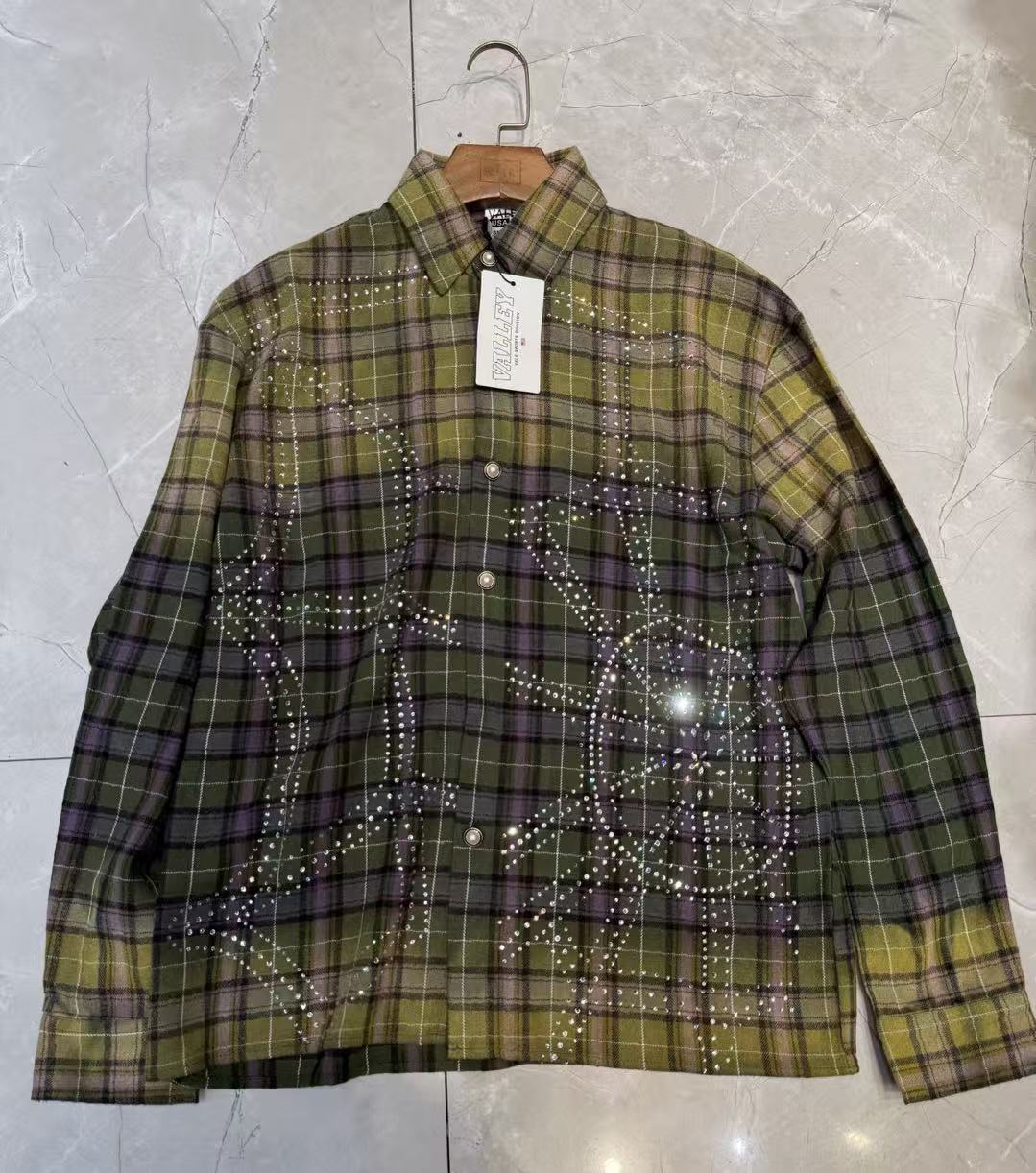 Vale Forever Plaid Rhinestone Embellished Vintage Wash Long-Sleeve Button-Up Shirt