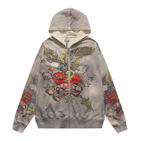 Vale Forever Valley Eagle & Heart Graphic Vintage Wash Full-Zip Hoodie