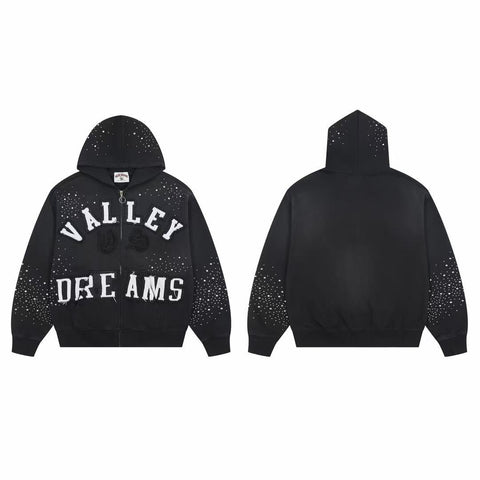Vale Forever Valley Dreams Rhinestone & Applique Vintage Wash Full-Zip Hoodie black
