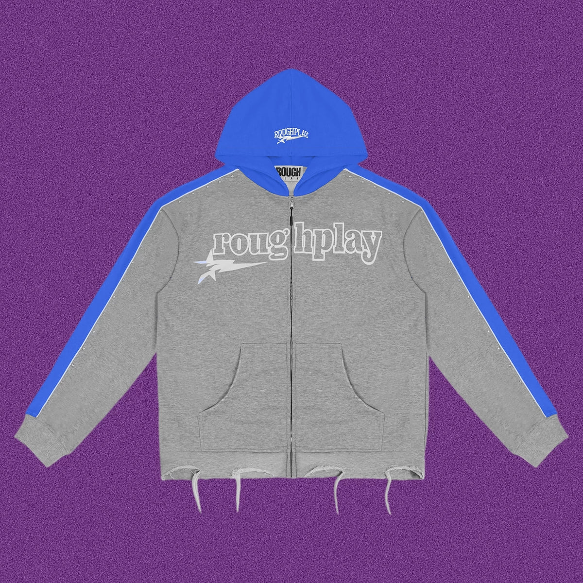 Roughplay Straight Logo Track Zip-Up Hoodie - Light Grey/Royal Blue