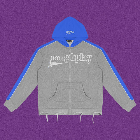 Roughplay Straight Logo Track Zip-Up Hoodie - Light Grey/Royal Blue