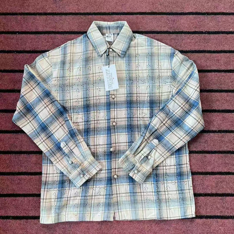 Vale Forever Blue Plaid Rhinestone Embellished Vintage Wash Long-Sleeve Button-Up