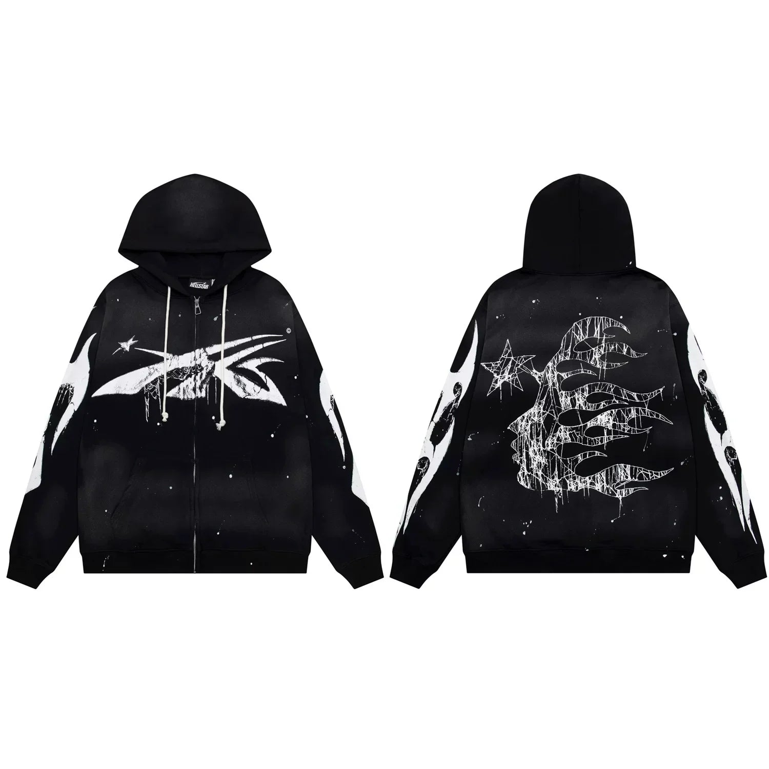 Hellstar Paint Splatter Spiked Logo & Flame Face Zip-Up Black Hoodie