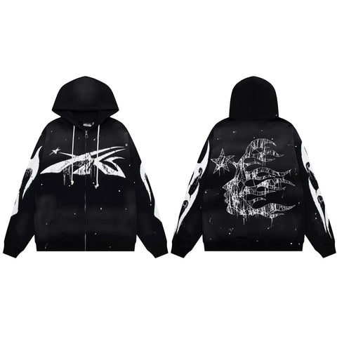 Hellstar Paint Splatter Spiked Logo & Flame Face Zip-Up Black Hoodie