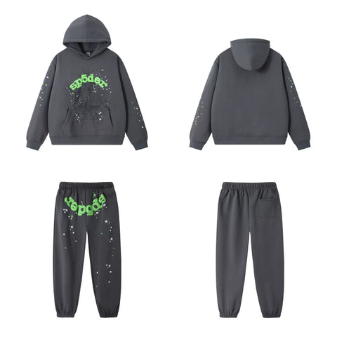 SP5DER Web Graphic Pullover Hoodie and Sweatpants Matching Set - Charcoal Grey / Neon Green