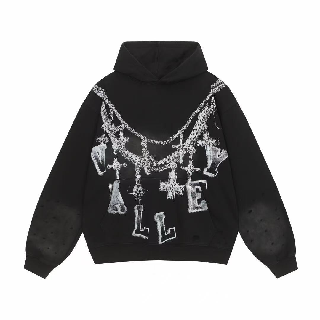 Vale Forever Valley Cross Necklace & Chain Graphic Vintage Wash Hoodie black
