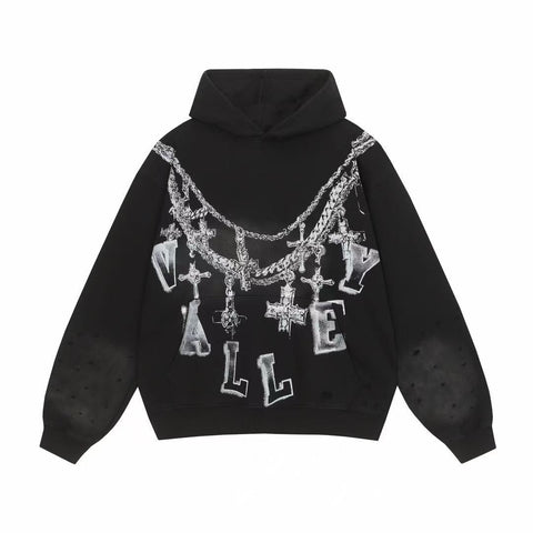 Vale Forever Valley Cross Necklace & Chain Graphic Vintage Wash Hoodie black