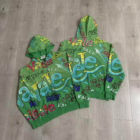 Vale Forever All-Over Vale Graffiti Print Vintage Wash Full-Zip Hoodie green