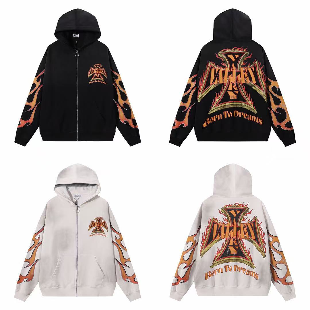 Vale Forever Valley Flames & Maltese Cross Graphic Vintage Wash Full-Zip Hoodie