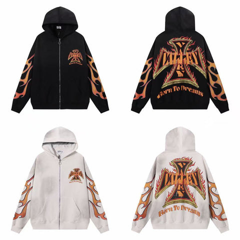 Vale Forever Valley Flames & Maltese Cross Graphic Vintage Wash Full-Zip Hoodie