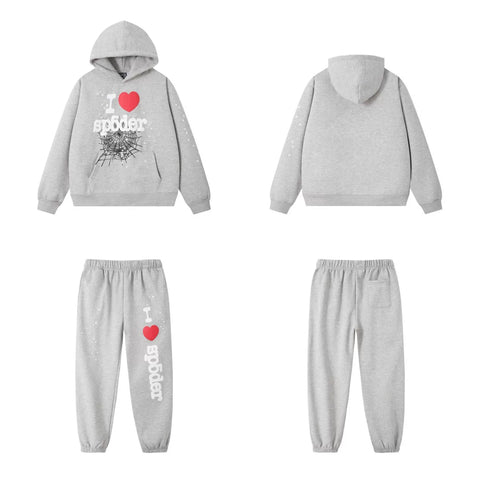 SP5DER Heart Web Graphic Pullover Hoodie and Sweatpants Matching Set - Heather Grey