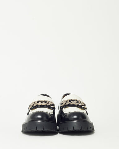 Gucci Black and White Leather SHW Interlocking GG Loafers - 41