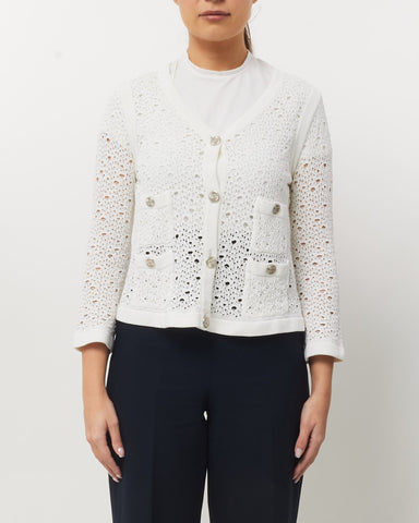 Chanel White Perforated Crochet Knit CC Logo Button Cardigan Sweater - 40