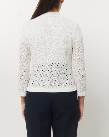 Chanel White Perforated Crochet Knit CC Logo Button Cardigan Sweater - 40
