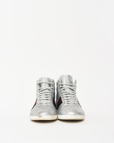 Gucci Silver Glitter Web High-Top Sneakers - 7.5 MEN