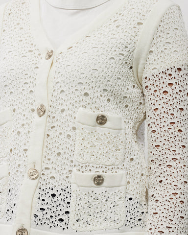 Chanel White Perforated Crochet Knit CC Logo Button Cardigan Sweater - 40