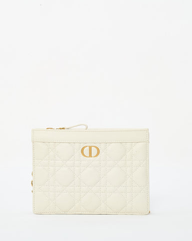 Dior White Calfskin Cannage Leather Caro Zipped Every Dior Pouch With Chain GHW